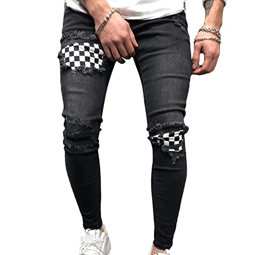 Men's Hip Hop Slim Skinny Ripped Jeans Vintage Zipper Casual Fit Washed Denim Pants Mid Waist Distressed Moto Trouser