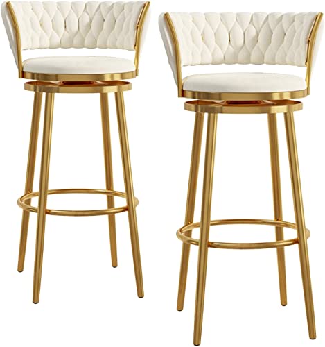 Juego de 2 taburetes de bar acolchados de terciopelo con patas de metal dorado de 25.6 pulgadas de alto, sillas de altura de mostrador para pub, restaurante, cocina, asiento cómodo giratorio de 360°