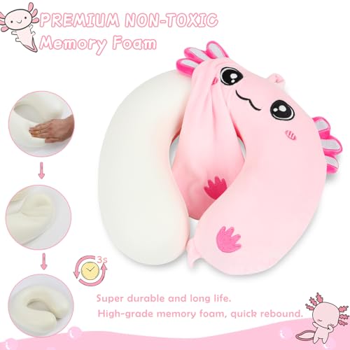 Image of Travel Pillow, Kids Travel Pillow with Sleep Eye Mask Soft Memory Foam Kids Neck Pillow for Boys & Girls, Travel Accessories for Car Airplane Traveling - Axolotl