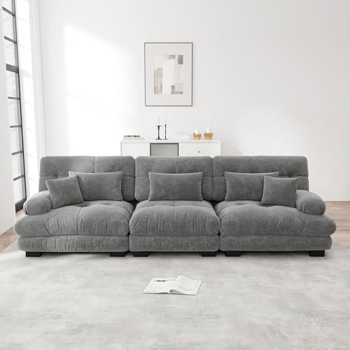 VSOGA Sofá cama modular de 3 plazas con asiento profundo, chenilla, cómodo acolchado para salón, apartamento, estudio, oficina, chenilla gris