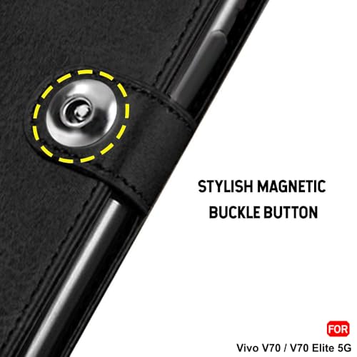 Image of TheGiftKart Genuine Leather Finish Flip Back Cover Case for Vivo V70 5G / V70 Elite 5G | Inbuilt Pockets & Stand | Wallet Style | Designer Button Magnet Flip Back Cover Case (Faux Leather, Black)