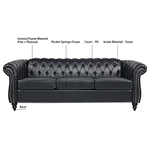 3 Seater Chesterfield Leather Sofa With Tufted Back, Rolled Arms And Nailhead Trim For Living Room, Office, Apartment - 84" Long (Black) #TOP6