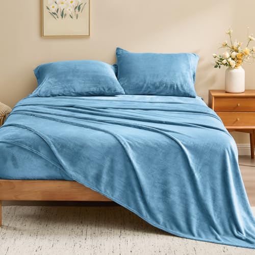 Image of BEDELITE Flannel Sheets Full Size Forever Blue - Super Soft Fleece Sheets Set Fluffy Extra Plush, 4 Piece(Include Fitted Sheet, Flat Sheet, 2 Pillowcases)
