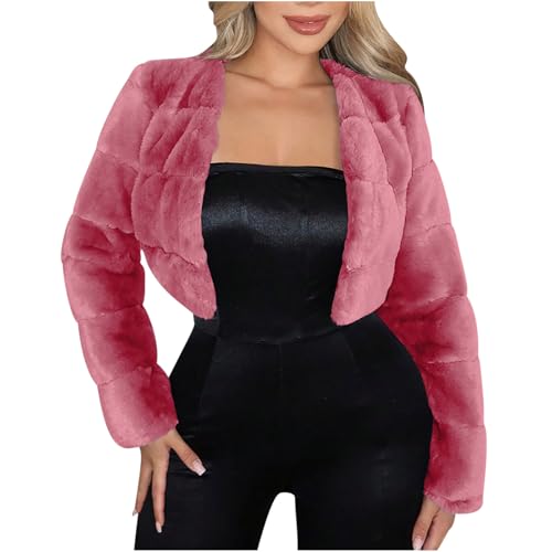 KUIH Fur Jackets for Women Cropeed Fur Jacket Warm Outerwear Ladies Open Front Cardigan Outwear Fur Shrug Bolero Warm Shawl Wrap Cape Fluffy Coats for Women UK Winter Clothes 2024 Clearance Pink