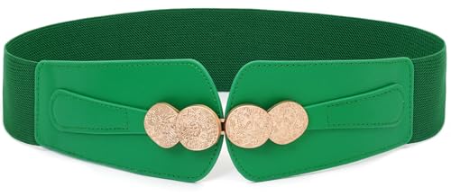 BAOKELAN Women Wide Elastic Waist Belts Stretchy Belt with Gold Buckle for Dresses Green 65CM/26IN