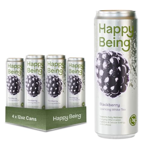 Image of Happy Being Blackberry Sparkling White Tea - Antioxidant & Polyphenol Rich, Infused with Turmeric, Elderberry, Plant-Based, Low Sugar & Low Calorie Drinks, 12oz (4 Pack)