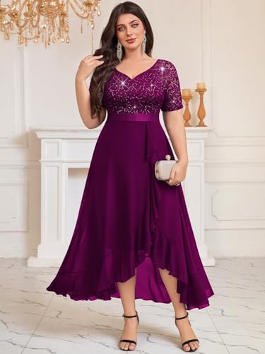 Image of Knitee Women's Plus Size Sequin Lace Sweetheart Neck Ruffled Hemline Formal Evening Maxi Dresses