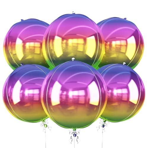 Image of Gradient Rainbow Round Foil Balloons Birthday Prom Decor 22 Inch 6 Pcs | Metallic Multicolor 4D Helium Ball Balloons for Graduation Wedding Anniversary Bachelorette Disco Prom Party Decorations