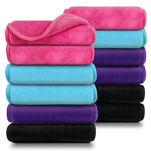 Orighty Makeup Remover Cloths 12 Pack, Reusable Microfiber Facial Cleansing Cloths, Remove Instantly Dirt, Makeup&Waterproof Mascara With Just Water, 15.5 X 7.5 In, Blue/Purple/Black/Pink #TOP13