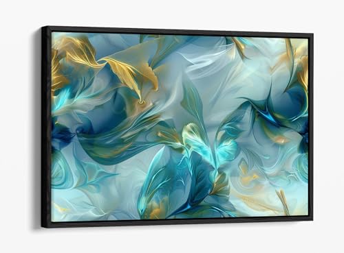 Impression sur toile abstraite tourbillonnante bleue et dorée grand format cadre noir