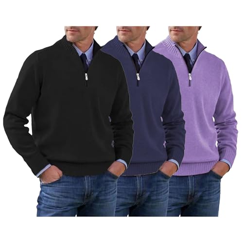 Maiyifu-GJ 3 Pack Men's Mock Neck Pullover Sweater Casual Long Sleeve Quarter Zip Sweater Slim Fit Thermal Knitted Sweaters