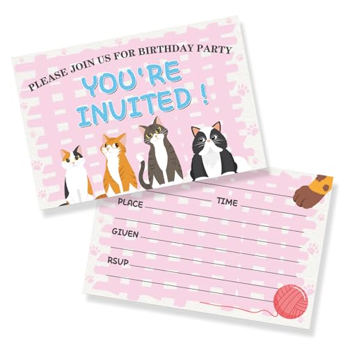 Halodete Cat Invitation Cards, Kitten Kids Girls Birthday Party Greeting Card Supplies, Fill-in Invitations, Baby Shower Pet Cat Greeting Cards, Welcome Cat Party Decorations, 30 Pcs