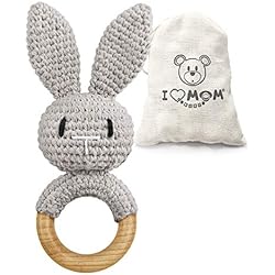 Mordedor Madera Crochet ARTESTAR Sonajero de Madera para Bebé, Juguete Mordedor Hecho a Mano con Forma de Conejo, Sonajero para Bebé, Sonajero de Madera, Regalo para Nacimiento, Niña y Niño (Conejo Gris)