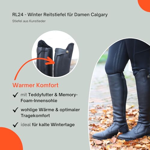 Foto von RL24 - Winter Reitstiefel für Damen Calgary – warme Damenstiefel zum Reiten – Stiefel aus Kunstleder mit Teddyfell & Reißverschluss – Winterstiefel in schwarz – Gr. 38 eng