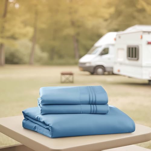 Nestl Blue Heaven Short Queen Sheets for RV, Hotel Luxury RV Queen Sheets Set, 4 Piece Fitted Bed Sheet Set and Pillowcases, Super Soft, Wrinkle-Free, and Breathable Camper Bedding