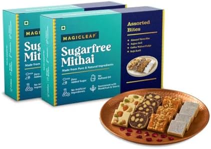 Magic Leaf Sugar Free Dessert Combo - 1 kg (Pack of 2, 500 gm Each), Kaju Katli, Coffee Walnut Fudge, Almond Mewa Bite & Anjeer Roll | Freshly Made Mithai Box, Sweetened with Stevia, No Refined Oil