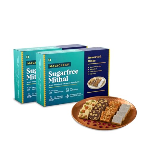 Magic Leaf Sugar Free Dessert Combo - 1 kg (Pack of 2, 500 gm Each), Kaju Katli, Coffee Walnut Fudge, Almond Mewa Bite & Anjeer Roll | Freshly Made Mithai Box, Sweetened with Stevia, No Refined Oil