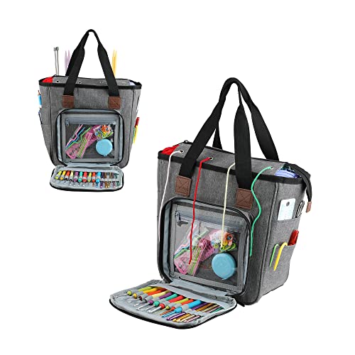 Image of JOZEA Yarn Storage Bag, Portable Crochet Tote Organizer, with Compartments for Yarn and Knitting Accessories, Knitting Bag with Zipper and Pockets for Home Traveling(Accessories Not Included) (Grey)