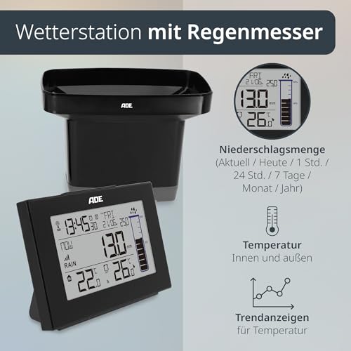 Foto von ADE Digitaler Regenmesser frostsicher mit Wetterstation | Funk-Außenthermometer für den Garten | Innenthermometer | Funkwecker mit 2 Weckzeiten | mit Datumsanzeige | inkl. Batterien