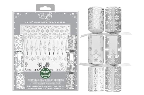 RSW Make Your Own Christmas Crackers with Ties, Mottos, Hats - 6 x 13.5 Crackers Silver/White Snowflake Christmas Design - DIY Christmas Cracker Set - Festive Seasonal Party