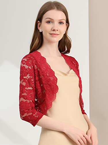 Allegra K A21031600UX0352 Women'S Elegant 3/4 Sleeve Sheer Floral Lace Shrug Top Small Deep Red thumb #1