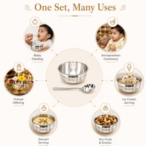 Image of 925 Sterling Silver Baby Feeding Bowl & Spoon Set | Handcrafted Silver Katori for Newborn & Kids | Annaprashan Feeding Set | Premium Velvet Box Included