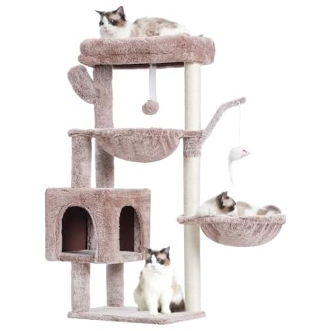 Heybly Cat Tree, 39.4 Inches Tower Condo with Scratching Post, Cat Tower for Indoor Cats, Fully Wrapped Sisal Pole, Soft Platform, 2 Baskets and Dangling Toy, Muchroom HCT006SMU Cover