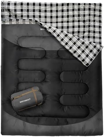 WKFAMOUT Cotton Flannel Double Sleeping Bag for Adults Machine Washable 2 Person Camping Sleeping Bag Queen Size Waterproof with Compression Sack for Cold Weather 3-4 Seasons
