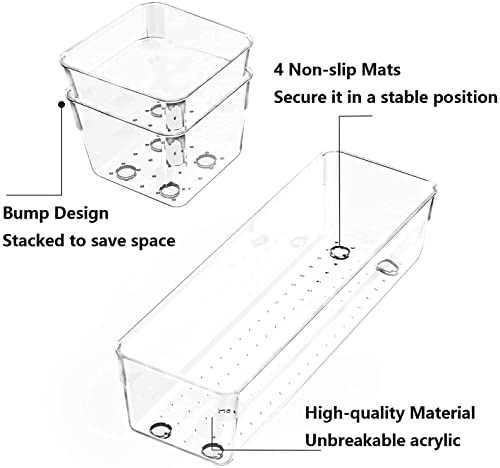 Image of Clear Plastic Drawer Organizers Set, 4-Size Versatile Bathroom and Vanity Drawer Organizer Trays, Storage Bins for Makeup, Bedroom, Kitchen Gadgets Utensils and Office (21 PC SET)