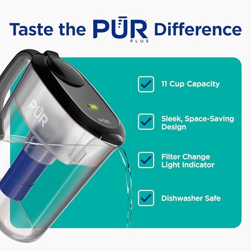 PUR Plus 11-Cup Water Pitcher, 1 Lead-Reducing Filter, Cleaner, Great-tasting Water, Dishwasher Safe, Powerful Filtration, Filter Change Light Indicator, LockFit Cap Design - Smoke