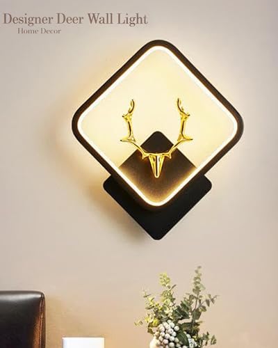 Image of Homesake LED Wall Lamp for Living Room Bedroom, Modern Golden Deer Decorative Wall Light, Warm White Indoor Designer Home Decor Light, Stag Face, Square Frame, (Black, Square)