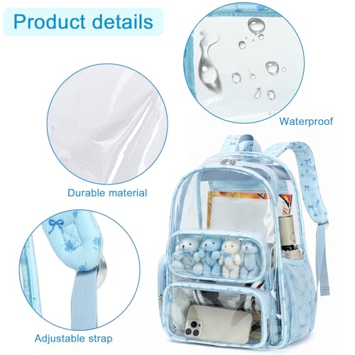 Image of BTOOP Clear Backpack Heavy Duty Transparent Backpack 17 inch See Through Bookbag for College Work Festival Security Padded Strap (blue bow floral)