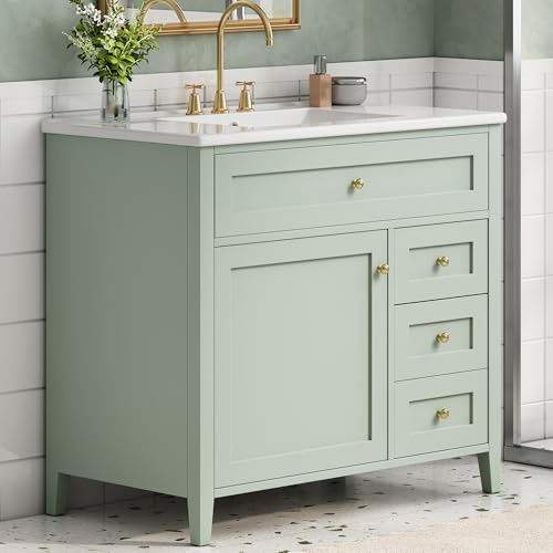 Image of 36 inch Bathroom Vanities with Top Set, Cabinet with Right-Side Multi-Functional Tip-Out Drawer and Adjustable Shelf, Soft-Closing Door, Solid Wood Legs, Green