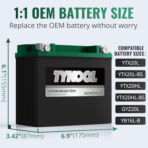 Image of TYKOOL LFP20L-BS-STD Lithium Battery, Replaces YTX20L-BS 65989-97C, 480CCA 8Ah Fits for Motorcycle ATV UTV PWC, Compatible with Harley Davidson Softail Fat Boy V-Rod Heritage Classic, Digital Readout