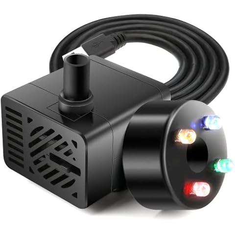 BestFire 90 GPH (350L/H, 3W) Submersible Water Pump, Ultra Quiet Fountain Water Pump with 5 ft USB Power Cord 4 Colorful LEDs, 2 Nozzles for Fish Tank, Aquarium Cover