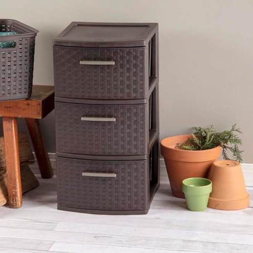 Image of Sterilite 3 Drawer Storage Tower, Plastic Decorative Weave Organizer Drawers for Dorm, Closet, Bedroom, or Craft Room Organization, 4 Pack, Espresso