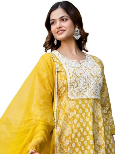 Image of Pure Cotton Anarkali Kurta Set for Women with Dupatta | 3 Piece Cotton Anarkali Suit | Floral Aari Work | Flared Ethnic Wear