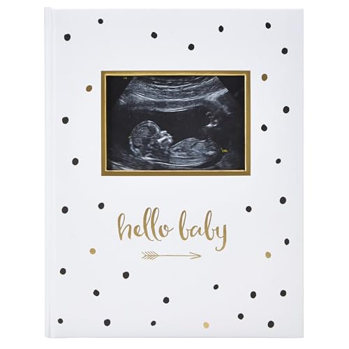 Image of Pearhead Hello Baby First 5 Years Memory Book, Gender-Neutral Baby Keepsake for New and Expectant Parents, Pregnancy And Milestone Journal, Modern Minimalist Black and Gold Polka Dot