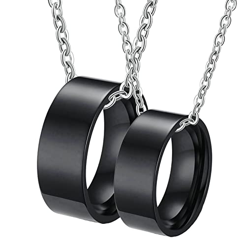 Ayoiow Collar de pareja de corazón, collar de acero inoxidable para mujer, anillo negro de alto pulido de 8 mm, collar con colgante para hombre
