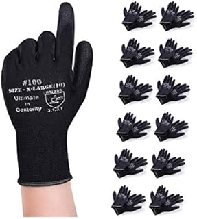 Donfri 12 Pairs PU Coated Safety Work Gardening Gloves Men High Performance EN388 Black Non-slip Protective Handling Gardening Builders Mechanic Breathable WashableXL/10