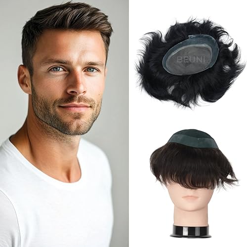 Image of Australian Mirage Hair Patch For Men Transparent Poly PU Front Natural Skin Base Undetectable Front Hairline Real Scalp Look Human Hair Toupee Black 8x6