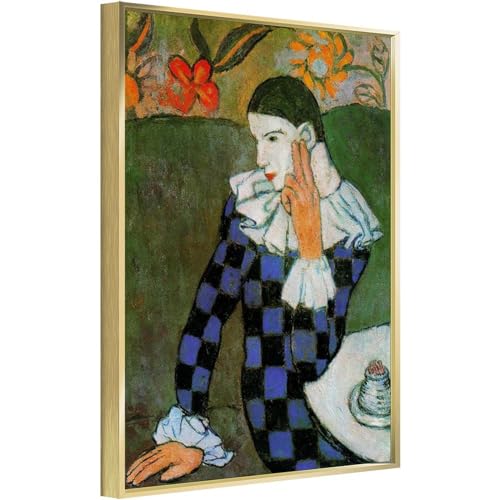 Harlequin Leaning by Pablo Picasso Poster Print for Teen Boys Room Wall Art Canvas Painting Print Ready to Hang Framed Golden 16x24inch(40x60cm)