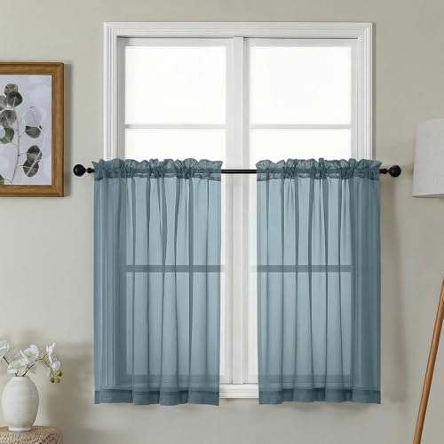Gwine Short Kitchen Sheer Curtains 36 Inch Length - Light Filtering Voile Small Half Window Curtain for Basement, Rod Pocket Cafe Curtains for Bathroom Cabinet, 42Wx36L Inch, 2 Panels, Dusty Blue