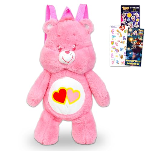 Care Bears Love-a-Lot Plush Backpack Set - Bundle of 17" Plushie Doll with Carrying Straps, Stickers, More | Care Bears Stuffed Animal for Kids