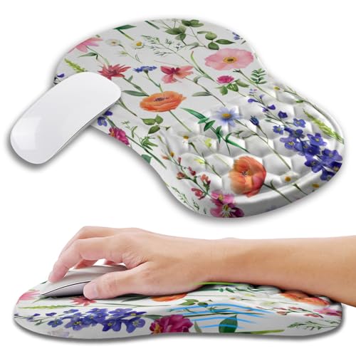 Kuosgm Ergonomic Mouse Pad Wrist Support with Memory Foam Massage Bulge, Carpal Tunnel Pain Relief Mousepad Wrist Rest for Mouse(12x8 inch, Flowers)