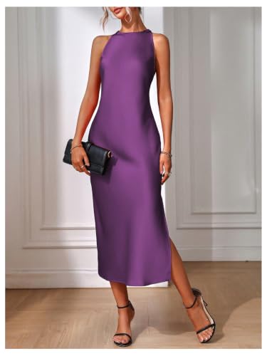 Image of Floerns Women's Elegant Crew Neck Maxi Slit Cocktail Tank Wedding Dress | Boat Neck, Side Slit, Long, Party, Cocktail, Formal, Rehearsal Dinner Guest Midi Dress