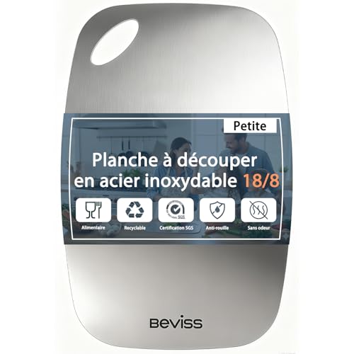 BEVISS Planche à Découper Double Face en Acier Inoxydable 18/8 100% Pur 29,2 x 20,3 cm Lavable au Lave-vaisselle pour Viande Légumes Fruits et Pain