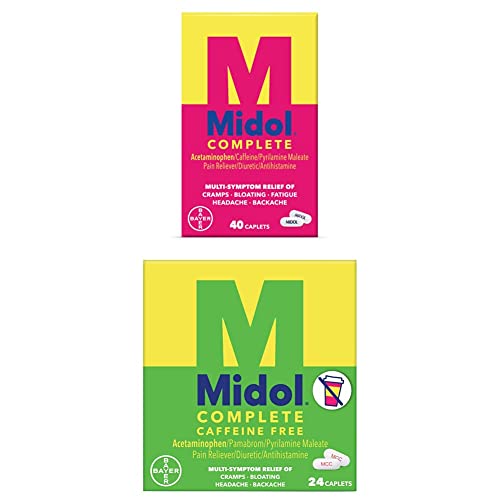 Midol Complete Caplets, With Acetaminophen For Menstrual Symptom Relief Of Cramps, Bloating, Fatigue, Headache, Backache, 40 Count & Midol Complete Caffeine Free Period Pain Relief, 24 Count #TOP6