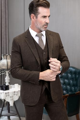 Mens 3 Piece Wool Tweed Herringbone Wedding Suit Prom Tuxedos Peak Lapel Dress2