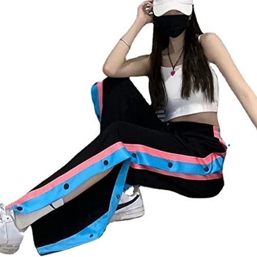 NLAVW Pantalon de Sport pour Femme Taille Haute Pantalon Long Jogging rayé sur Le côté Bouton Pression Pantalon de survêtement Pantalon Large Pantalon de survêtement avec Poches,Bleu,L